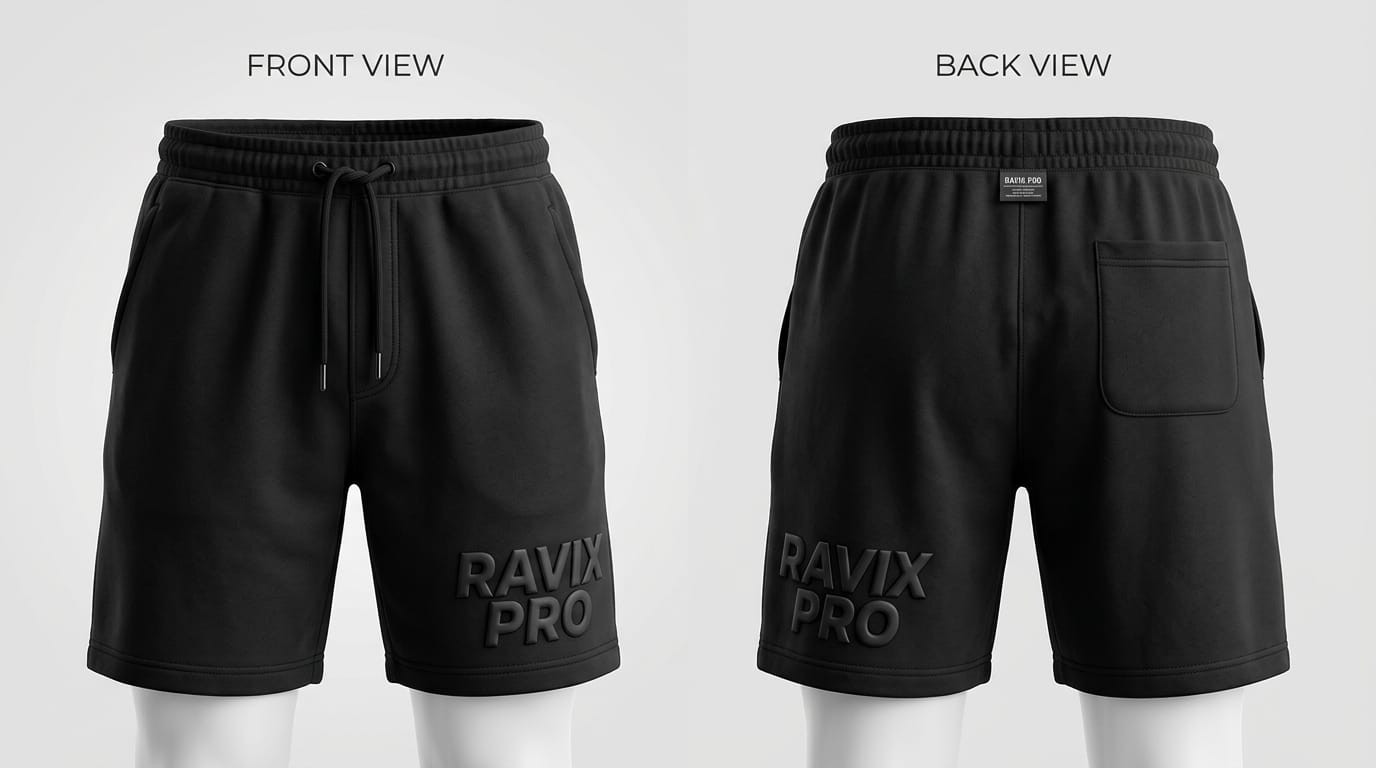 Custom Black Sweat Shorts with Tonal Back Logo Custom Black Sweat Shorts with Tonal Back Logo – front and back view, custom manufactured by Ravix Pro Industry, Sialkot