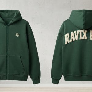 Custom Forest Green Zip-Up Fleece Hoodie with Arched Back Print – front and back view, custom manufactured by Ravix Pro Industry, Sialkot