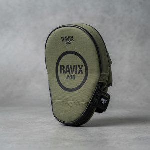 Custom Olive Curved Focus Mitt – front and back view, custom manufactured by Ravix Pro Industry, Sialkot