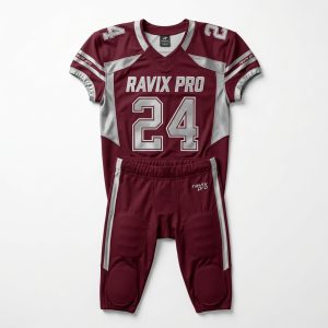 Custom Maroon Football Uniform with Grey Shoulders – front and back view, custom manufactured by Ravix Pro Industry, Sialkot