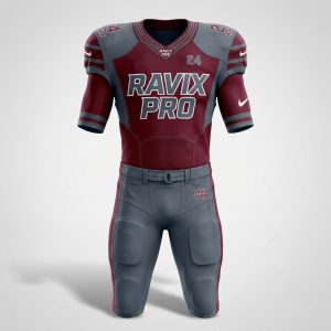 Custom Maroon and Grey Football Uniform with Panels – front and back view, custom manufactured by Ravix Pro Industry, Sialkot