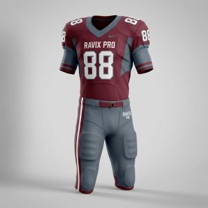 Custom Maroon and Grey Football Uniform – front and back view, custom manufactured by Ravix Pro Industry, Sialkot