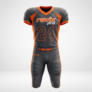 Custom Charcoal and Orange Football Uniform – front and back view, custom manufactured by Ravix Pro Industry, Sialkot