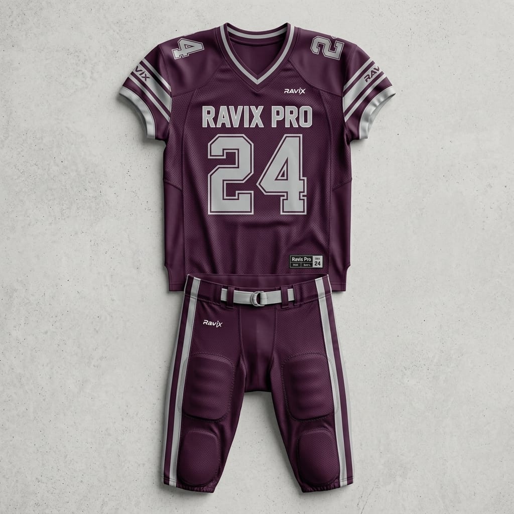 Custom Maroon American Football Uniform Custom Maroon American Football Uniform – front and back view, custom manufactured by Ravix Pro Industry, Sialkot