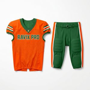 Custom Orange and Green Football Uniform – front and back view, custom manufactured by Ravix Pro Industry, Sialkot