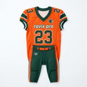 Custom Orange and Green Football Jersey Uniform – front and back view, custom manufactured by Ravix Pro Industry, Sialkot