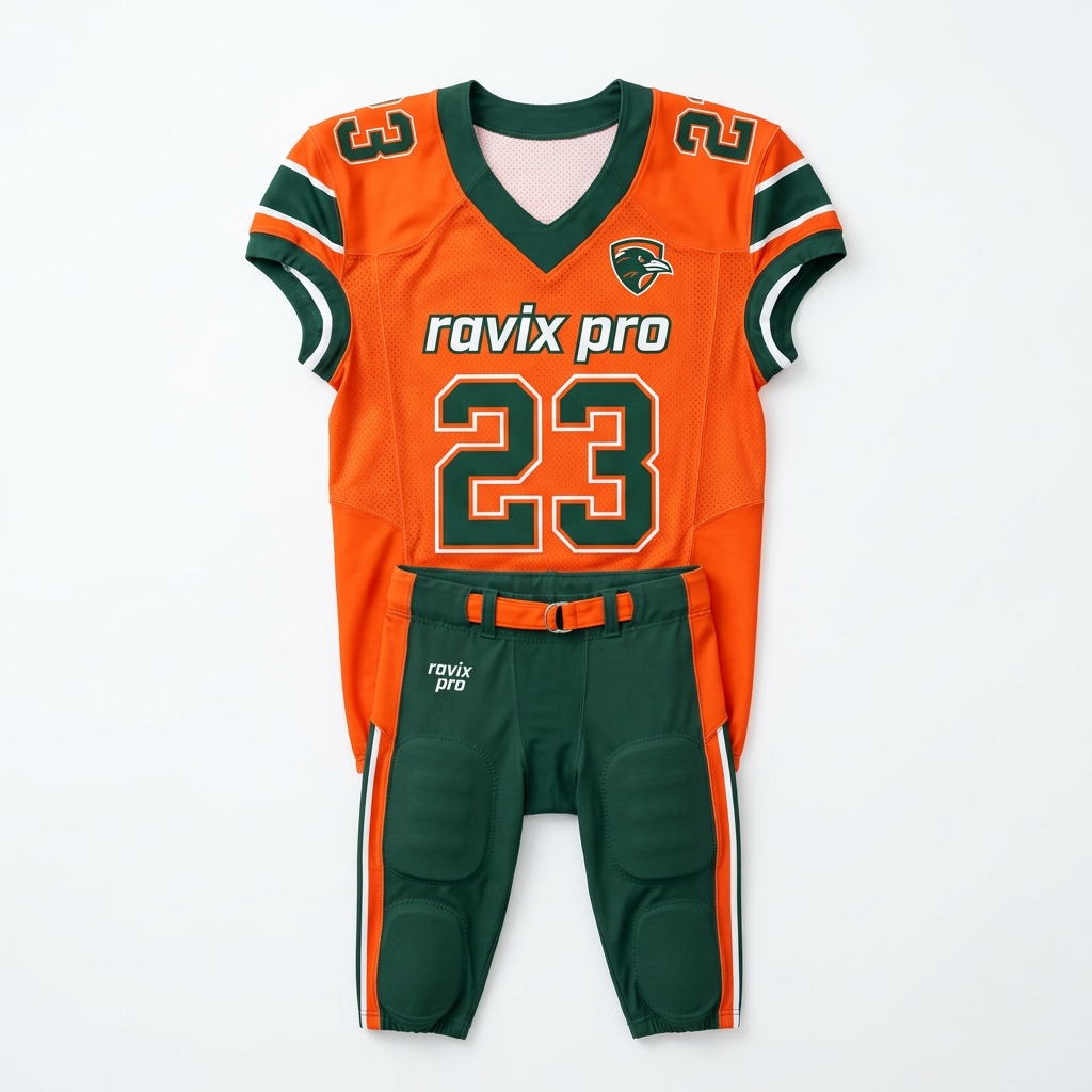 Custom Orange and Green Football Jersey Uniform Custom Orange and Green Football Jersey Uniform – front and back view, custom manufactured by Ravix Pro Industry, Sialkot