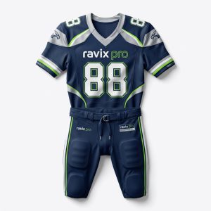 Custom Navy and Lime Football Uniform – front and back view, custom manufactured by Ravix Pro Industry, Sialkot
