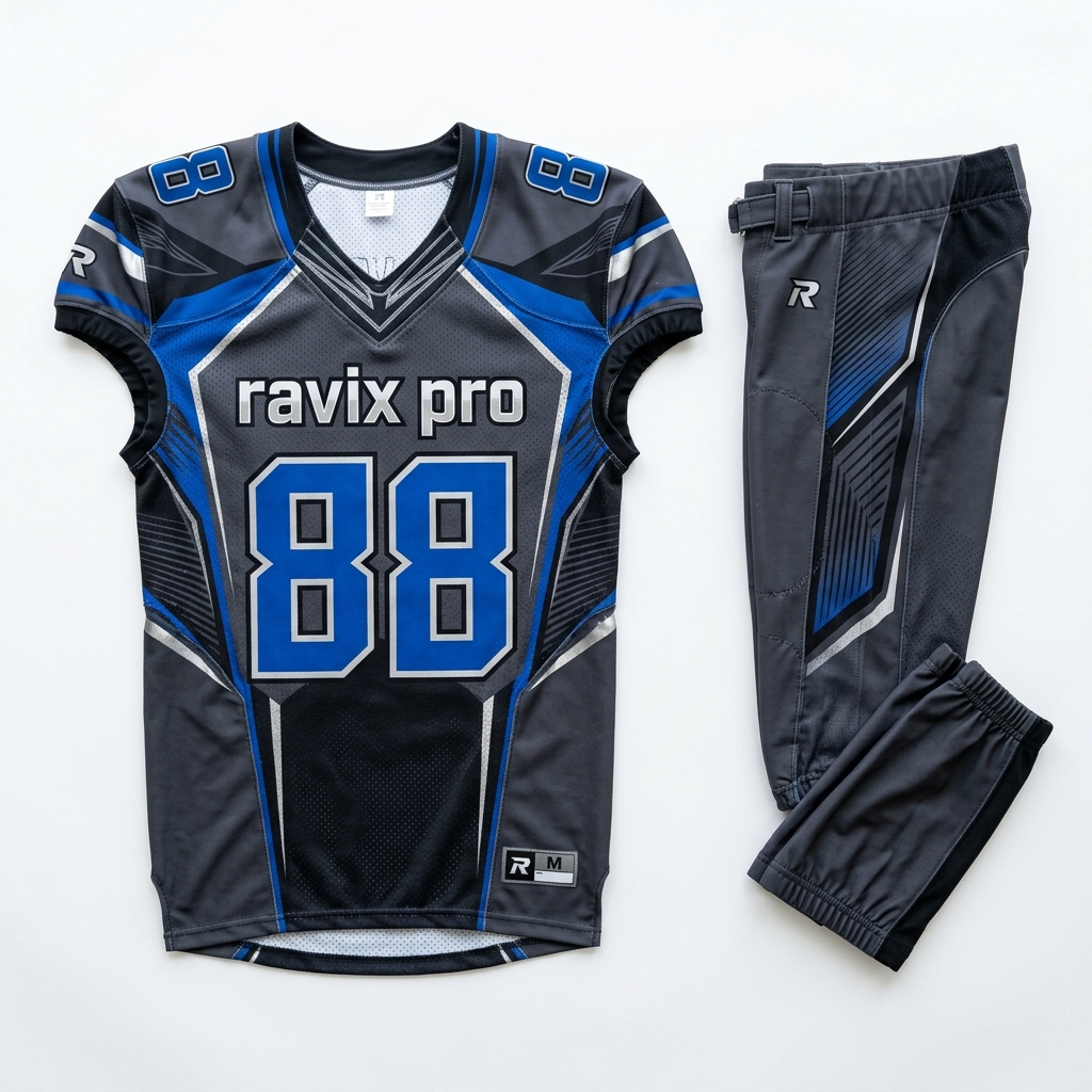 Custom Navy and Blue Football Uniform Custom Navy and Blue Football Uniform – front and back view, custom manufactured by Ravix Pro Industry, Sialkot