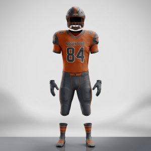 Custom Burnt Orange and Charcoal Football Uniform – front and back view, custom manufactured by Ravix Pro Industry, Sialkot
