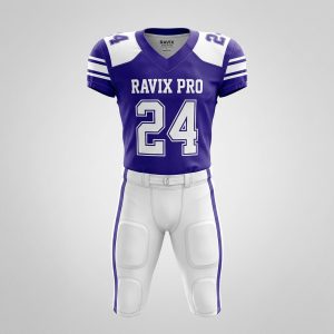 Custom Purple and White Football Uniform – front and back view, custom manufactured by Ravix Pro Industry, Sialkot
