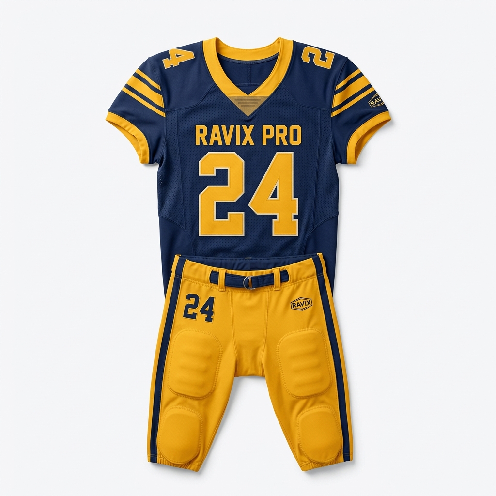 Custom Navy and Yellow Football Uniform Custom Navy and Yellow Football Uniform – front and back view, custom manufactured by Ravix Pro Industry, Sialkot