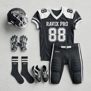 Custom Black and White Football Kit with Gloves – front and back view, custom manufactured by Ravix Pro Industry, Sialkot