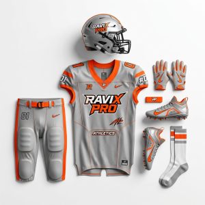Custom Grey and Orange Football Uniform Set – front and back view, custom manufactured by Ravix Pro Industry, Sialkot