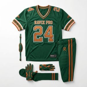 Custom Green and Orange Football Uniform – front and back view, custom manufactured by Ravix Pro Industry, Sialkot