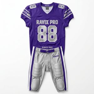 Custom Purple and Silver Football Uniform – front and back view, custom manufactured by Ravix Pro Industry, Sialkot