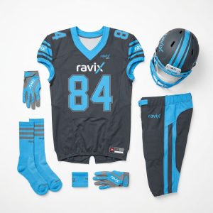 Custom Charcoal and Sky Blue Football Kit – front and back view, custom manufactured by Ravix Pro Industry, Sialkot
