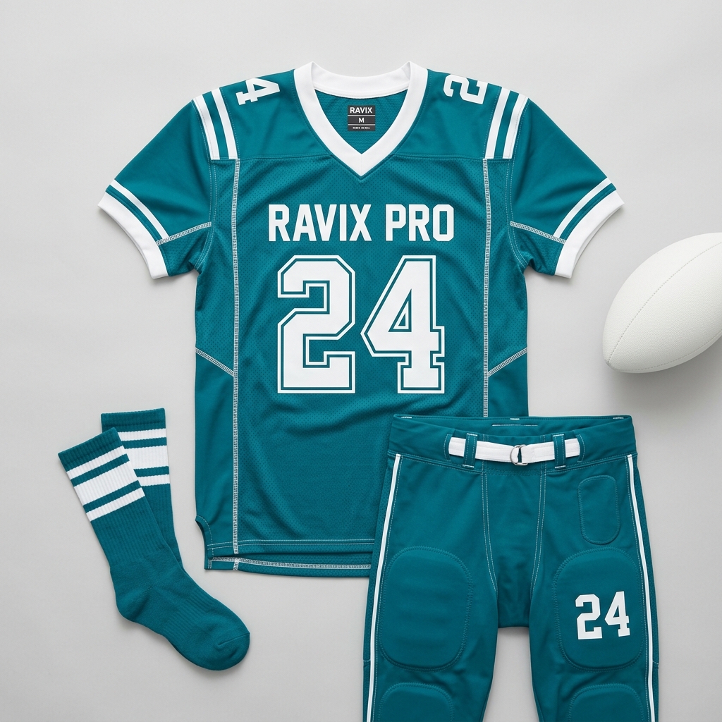 Custom Teal Football Uniform with Socks Custom Teal Football Uniform with Socks – front and back view, custom manufactured by Ravix Pro Industry, Sialkot