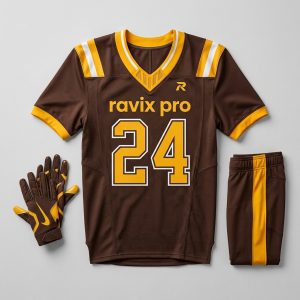 Custom Brown Football Jersey with Gold Sleeves – front and back view, custom manufactured by Ravix Pro Industry, Sialkot