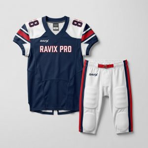 Custom Navy and Red Football Uniform – front and back view, custom manufactured by Ravix Pro Industry, Sialkot