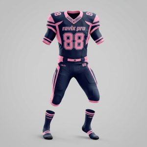 Custom Navy and Pink Stripe Football Uniform – front and back view, custom manufactured by Ravix Pro Industry, Sialkot