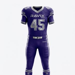 Custom Purple Football Uniform with Matching Purple Pants – front and back view, custom manufactured by Ravix Pro Industry, Sialkot