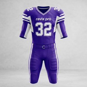 Custom Purple Football Uniform with White Sleeves – front and back view, custom manufactured by Ravix Pro Industry, Sialkot