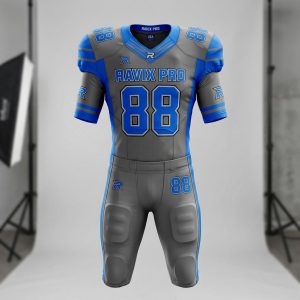 Custom Grey and Blue Football Uniform – front and back view, custom manufactured by Ravix Pro Industry, Sialkot