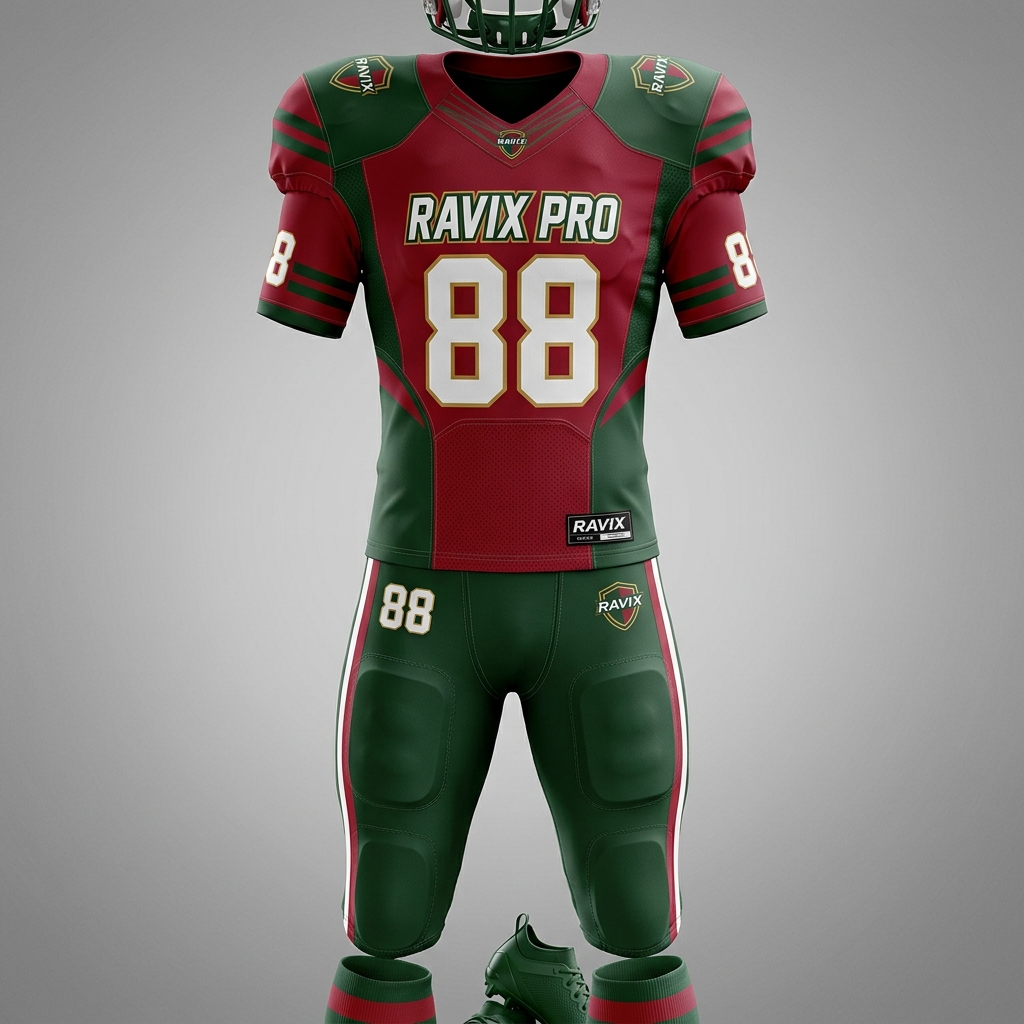 Custom Red and Green Football Uniform Custom Red and Green Football Uniform – front and back view, custom manufactured by Ravix Pro Industry, Sialkot