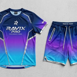 Custom Purple Gradient Tennis Shirt and Shorts – front and back view, custom manufactured by Ravix Pro Industry, Sialkot
