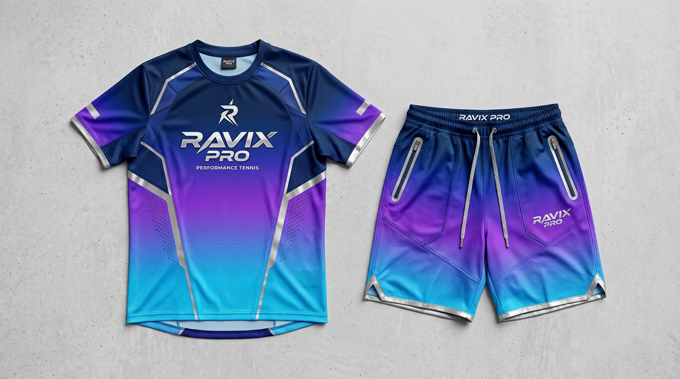 Custom Purple Gradient Tennis Shirt and Shorts Custom Purple Gradient Tennis Shirt and Shorts – front and back view, custom manufactured by Ravix Pro Industry, Sialkot