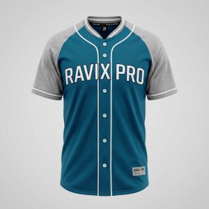 Custom Teal and Grey Raglan Baseball Jersey – front and back view, custom manufactured by Ravix Pro Industry, Sialkot