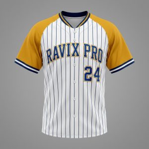 Custom White Pinstripe Jersey with Gold Sleeves and Number – front and back view, custom manufactured by Ravix Pro Industry, Sialkot