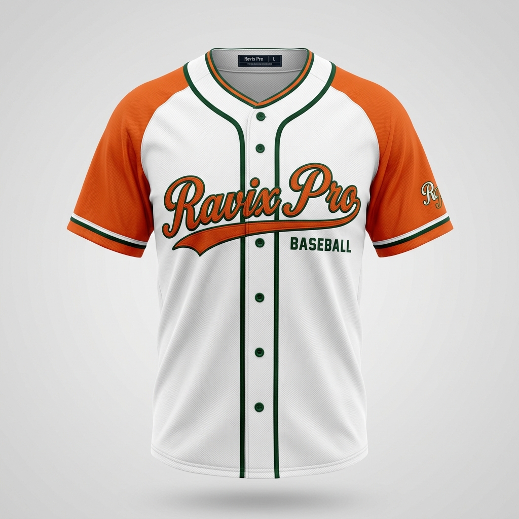 Custom White and Orange Script Baseball Jersey Custom White and Orange Script Baseball Jersey – front and back view, custom manufactured by Ravix Pro Industry, Sialkot