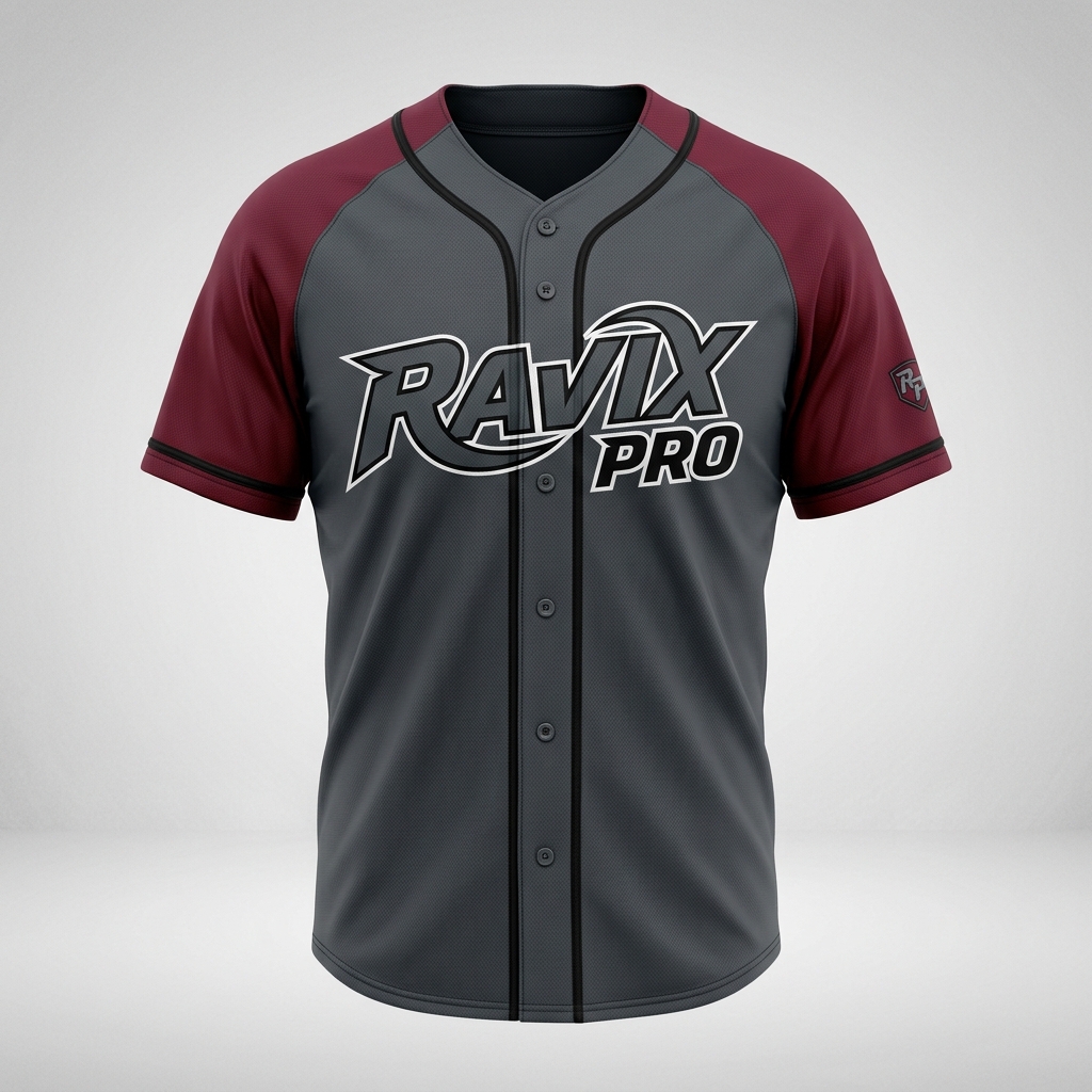 Custom Charcoal and Maroon Baseball Jersey Custom Charcoal and Maroon Baseball Jersey – front and back view, custom manufactured by Ravix Pro Industry, Sialkot