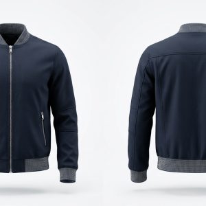 Custom Navy Bomber with Grey Ribbed Trims – front and back view, custom manufactured by Ravix Pro Industry, Sialkot