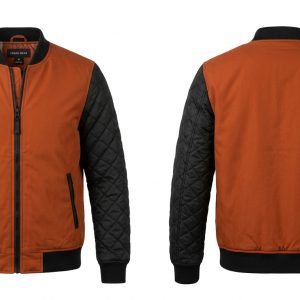 Custom Orange Bomber with Black Quilted Sleeves – front and back view, custom manufactured by Ravix Pro Industry, Sialkot