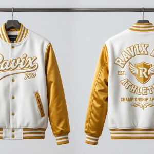 Custom White and Gold Varsity with Championship Crest – front and back view, custom manufactured by Ravix Pro Industry, Sialkot