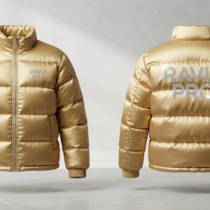 Custom Metallic Gold Puffer Jacket – front and back view, custom manufactured by Ravix Pro Industry, Sialkot