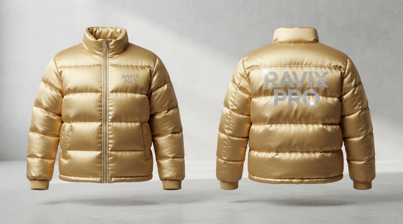 Custom Metallic Gold Puffer Jacket Custom Metallic Gold Puffer Jacket – front and back view, custom manufactured by Ravix Pro Industry, Sialkot
