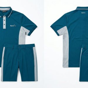 Custom Teal Golf Polo and Shorts Set – front and back view, custom manufactured by Ravix Pro Industry, Sialkot