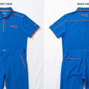 Custom Royal Blue Golf Polo with Orange Piping – front and back view, custom manufactured by Ravix Pro Industry, Sialkot