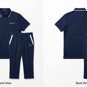 Custom Navy Golf Polo and Shorts with White Trims – front and back view, custom manufactured by Ravix Pro Industry, Sialkot