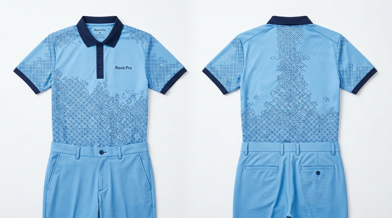 Custom Sky Blue Pattern Golf Polo and Trousers Custom Sky Blue Pattern Golf Polo and Trousers – front and back view, custom manufactured by Ravix Pro Industry, Sialkot