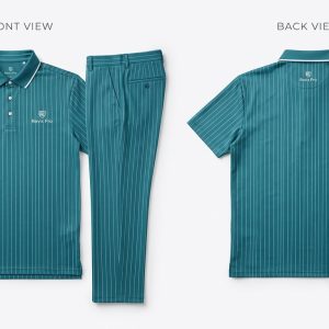 Custom Teal Pinstripe Golf Polo and Trousers – front and back view, custom manufactured by Ravix Pro Industry, Sialkot