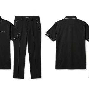 Custom Black Golf Polo and Trousers – front and back view, custom manufactured by Ravix Pro Industry, Sialkot