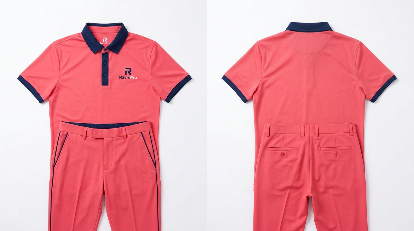 Custom Coral Golf Polo with Navy Trims Custom Coral Golf Polo with Navy Trims – front and back view, custom manufactured by Ravix Pro Industry, Sialkot