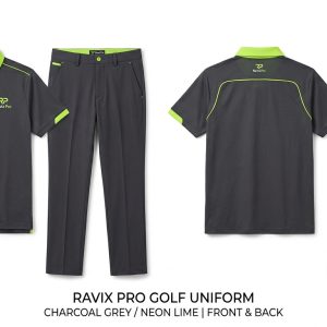 Custom Charcoal and Neon Lime Golf Uniform – front and back view, custom manufactured by Ravix Pro Industry, Sialkot