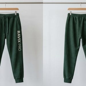 Custom Bottle Green Joggers with Side Leg Print – front and back view, custom manufactured by Ravix Pro Industry, Sialkot