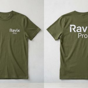 Custom Olive Tee with Front and Back Logo – front and back view, custom manufactured by Ravix Pro Industry, Sialkot